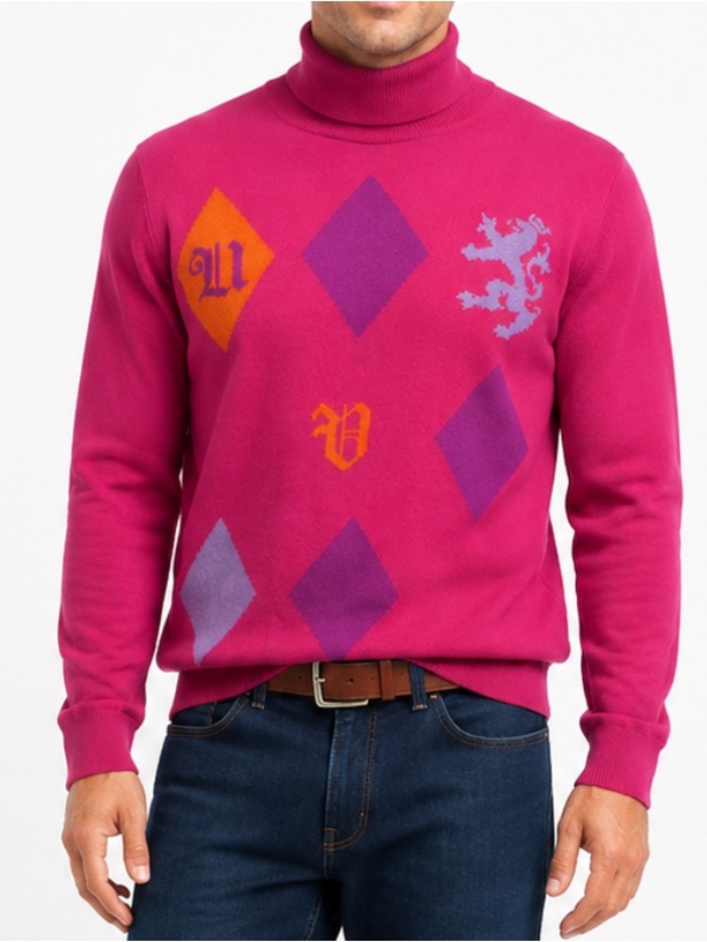 Umberto Vallati Italy Virgin Wool Argyle Turtleneck Sweater Pink Medium